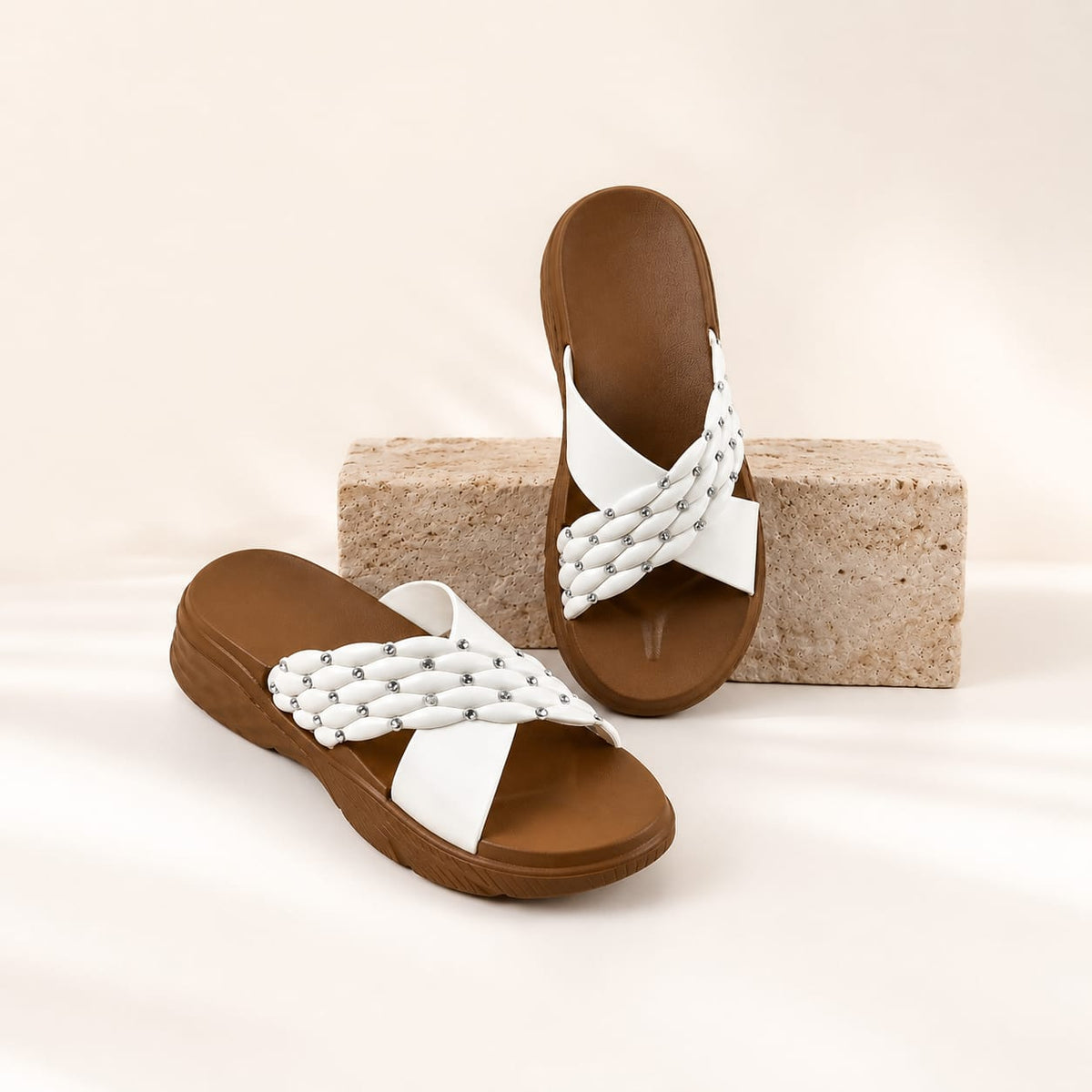 URBEN SOLE white braided rhinestone ladies slippers