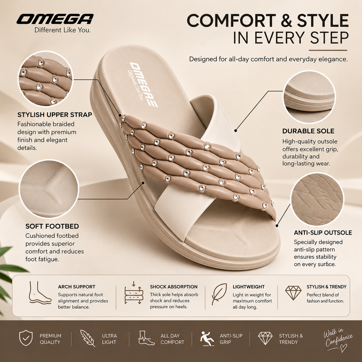URBEN SOLE Premium Rhinestone Comfort Slipper in beige