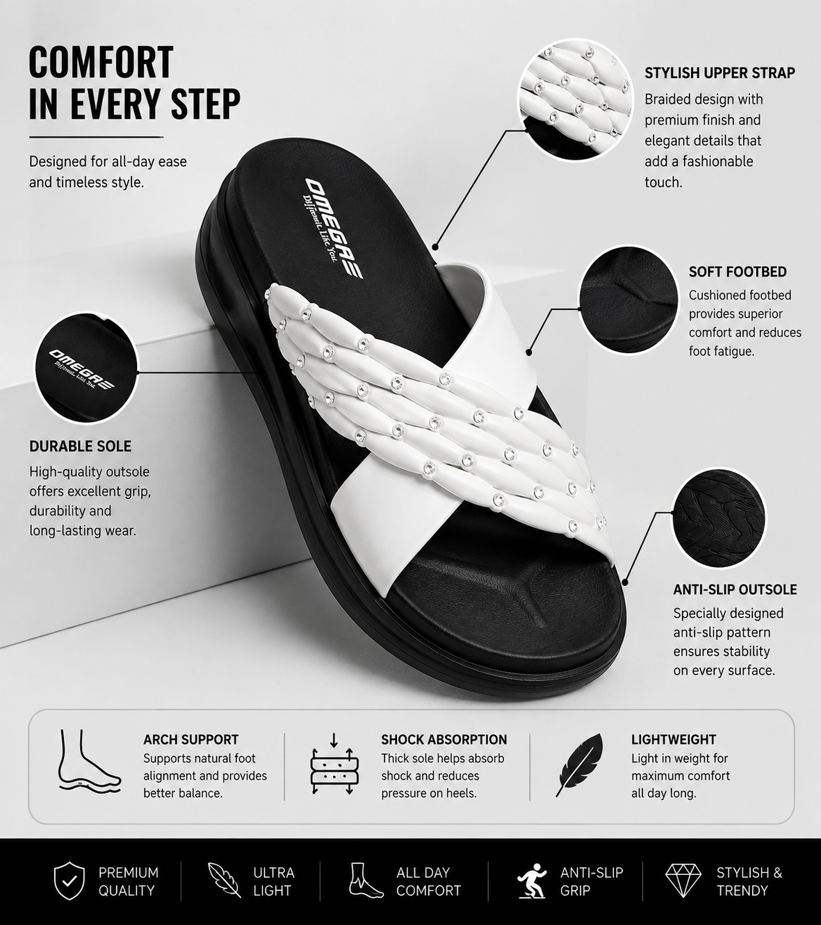 URBEN SOLE Premium Rhinestone Comfort Slipper in black and white