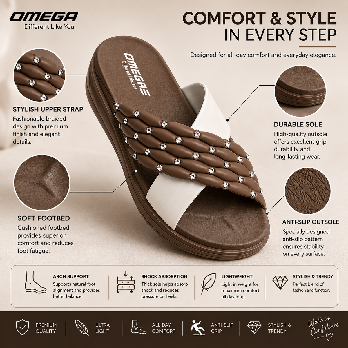 URBEN SOLE Premium Rhinestone Comfort Slipper in brown and white